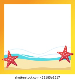 Summer template frame decorated with water sea, sand, starfish. Vector illustration isolated