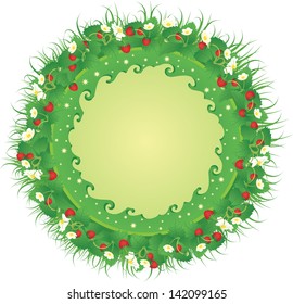 Summer template with green grass and strawberry