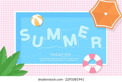 Summer template on swimming pool background with swim ring.