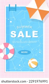 Summer template on swimming pool background with swim ring.