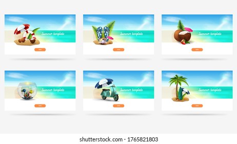 Summer template with seascape, summer illustrations and buttons. Horizontal template for your arts. Summer time