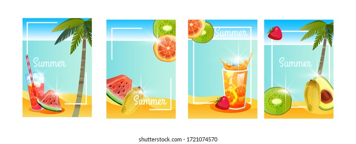 Plantilla de verano con bebidas frías, fruta, hielo, palmeras y arena. Festejos de playa tropical con sandía, kiwi, naranja, mango y cócteles. Tarjetas de vacaciones paraíso para publicidad, menús