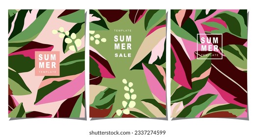 Summer template set for poster, card, cover, label, banner in modern minimalist style and simple summer design templates with tropical leaves, flower, and plants.