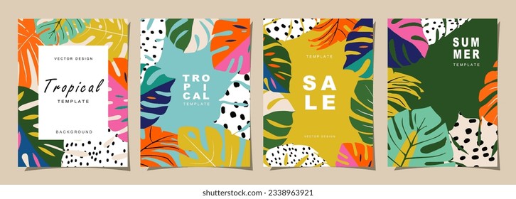 Sommervorlage für Plakate, Karten, Cover, Label, Banner im modernen minimalistischen Stil und einfache Sommer-Design-Vorlagen mit tropischen Blättern, Blumen und Pflanzen.