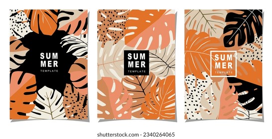Sommervorlage für Plakate, Karten, Cover, Label, Banner im modernen minimalistischen Stil und einfache Sommer-Design-Vorlagen mit tropischen Blättern, Blumen und Pflanzen.