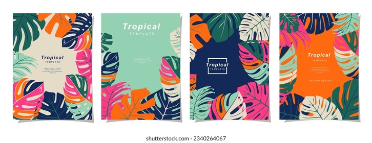 Summer template set for poster, card, cover, label, banner in modern minimalist style and simple summer design templates with tropical leaves, flower, and plants.