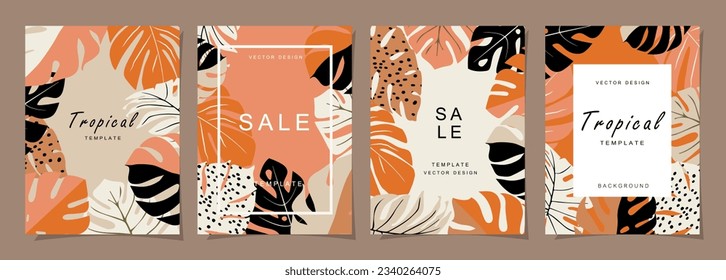 Plantilla de verano para afiches, tarjetas, portadas, etiquetas, banner de estilo minimalista moderno y simples plantillas de diseño de verano con hojas tropicales, flores y plantas.