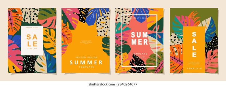 Summer template set for poster, card, cover, label, banner in modern minimalist style and simple summer design templates with tropical leaves, flower, and plants.