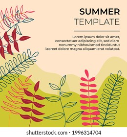 Plantilla de verano para publicación en medios sociales. Fondo de verano con decoración floral plana