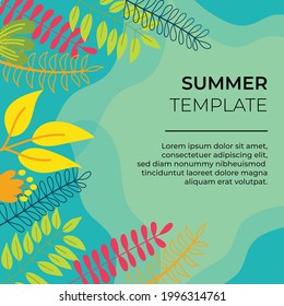 Summer template for social media post. Summer background with flat floral decoration