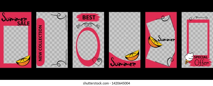 summer template social network story set with hand drawn letters and decorations. Decorative elements collection for summer offer.  Editable design backgrounds collection for social media. vector.