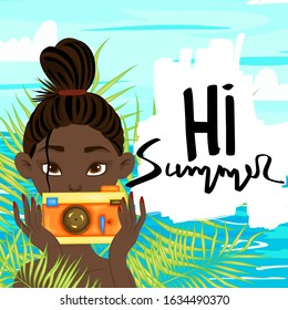 Summer template for text with a girl by the sea. Cartoon style. Vector illustration