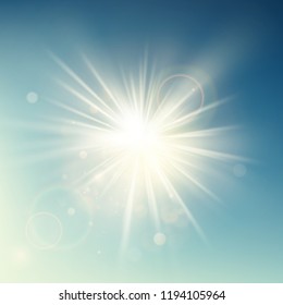 Summer template warm spring sun rays burst with lens flare. EPS 10