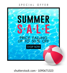 Summer template for web design with water texture and ball. Sale online