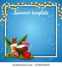 Summer template for your arts with garland, place for text, coconut cocktail, strawberry, raspberry, cherry and ice cream on palm leaf