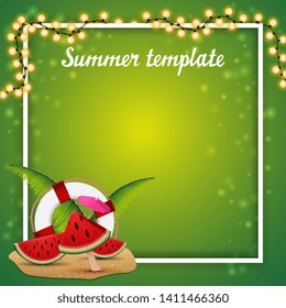 Summer template for your arts with garland, place for text and scooter with watermelon slices, palm leaves and lifeline