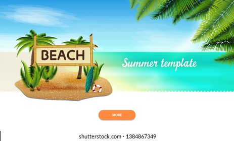 Summer template for your creativity with coconut palms and bamboo sign with the inscription "beach"