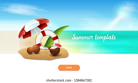 Summer template for your creativity with coconut cocktail, beach umbrella and lifeline