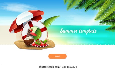 Summer template for your creativity with coconut ice cream cocktail, beach umbrella, fruit, palm leaves and lifeline