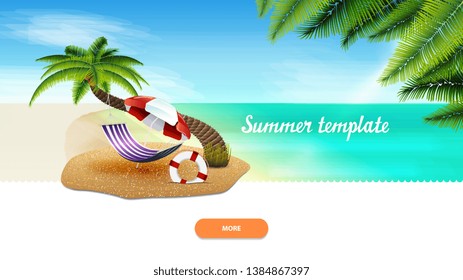 Summer template for your creativity with palm tree, hammock and beach umbrella
