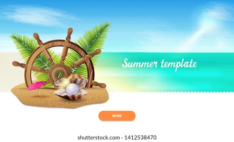 Summer template for your creativity with steering wheel of the ship in the sand, palm leaves and pearl