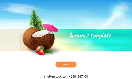 Summer template for your creativity with strawberry cocktail in coconut