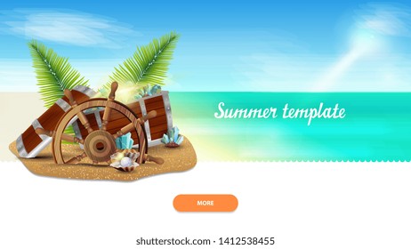 Summer template for your creativity with treasure chest, ship steering wheel, palm leaves, gems and pearls