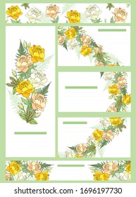 Summer templates with contour flowers. Templates for decoration and design, greeting cards, festive announcements, posters, banners. Fern and daisies, set of cards in yellow palette