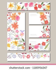 Summer templates with contour flowers. Template for your design, greeting cards, festive announcements, posters.