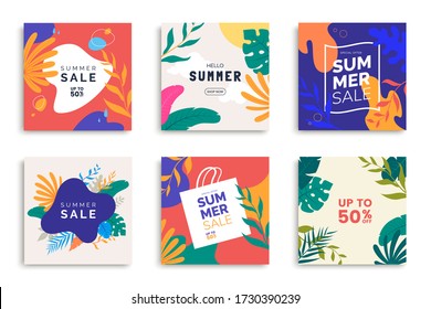 Summer Templates For Promo Posts On Social Media Networks. Colorful Summer Banner Set With Tropical Leaves. Stories Template Bundle. Use For Product Catalog, Discount Voucher, Advertising.