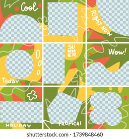 Summer templates for promo posts on social media networks. Colorful tropical banner set with tropical leaves in minimal doodle style. Flat hand drawn vector illustration of 9 isolated puzzle collage