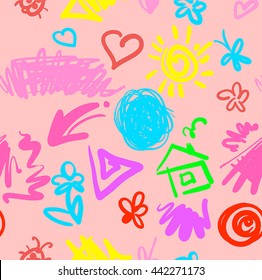 summer tender funny seamless pattern with drawn spots stripes butterflies and flowers pink version  vector illustration good for your textile design