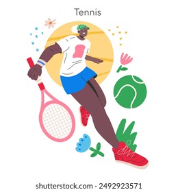 Sommer Tennis Aktivitätskonzept. Dynamische Illustration eines Spielers bereit für ein Tennisspiel an einem sonnigen Tag. Aktiver Lifestyle und Outdoor-Sport. Vektorillustration.