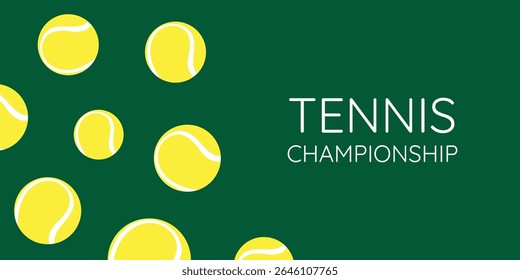Summer tennis championship banner with yellow tennis balls on green grass background. Flat vector illustration for tournament promo, social media, web or print.