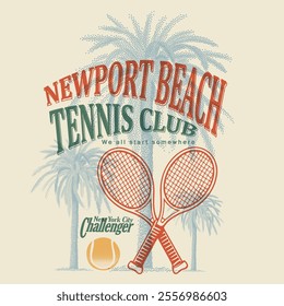 Summer Tennis Club. tennis print design. summer print design. Newport beach. palm tree beach. tropical palm beach. vintage retro artwork