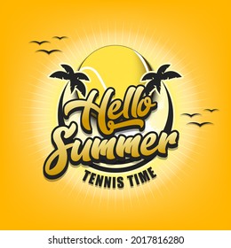 Summer tennis logo. Hello summer. Tennis time. Pattern for design poster, logo, emblem, label, banner, icon. Tennis template on isolated background. Vector illustration