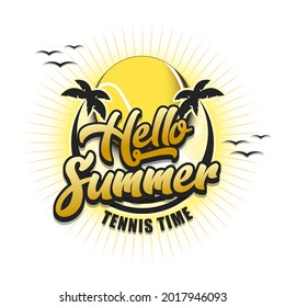 Summer tennis logo. Hello summer. Tennis time. Pattern for design poster, logo, emblem, label, banner, icon. Tennis template on isolated background. Vector illustration