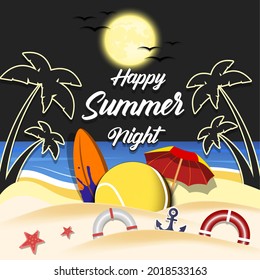 Summer tennis poster. Happy summer night. Pattern for design poster, logo, emblem, label, banner, icon. Tennis template on isolated background. Vector illustration