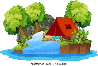 Summer tent camping in the forest cartoon style on white background illustration