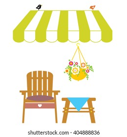 Summer terrace garden furniture: chair, table, flowers. Hanging flower pot. Vector illustration. Flat design. Awning icon. 