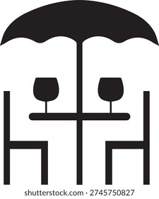 Summer terrace icon in thin line style. Minimalist outline of outdoor café furniture with sun umbrella, chairs, and table. Perfect for restaurant apps, travel websites, hotel amenities, and summer event branding