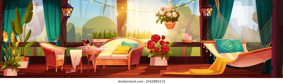 Summer terrace interior with furniture. Vector cartoon illustration of cozy patio with large windows, hammock, birds on table and armchair, garland lights, flower pots, sunny green park view in