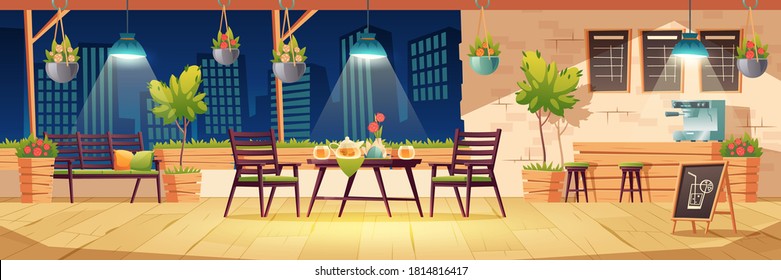 Summer terrace, night outdoor city cafe, coffeehouse with wooden table, chairs, illumination and potted plants, chalkboard menu on cityscape view. Modern street cafeteria, Cartoon vector illustration