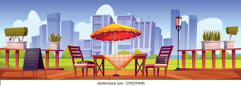 Summer terrace, outdoor city cafe, coffeehouse with wooden table, chairs and umbrella, plants and chalkboard menu on cityscape view. Street drinks and snacks cafeteria, Cartoon vector illustration