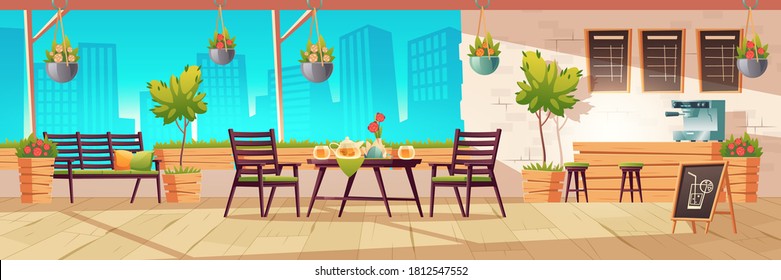 Summer Terrace, Outdoor City Cafe, Coffeehouse With Wooden Table, Chairs And Potted Plants, Chalkboard Menu On Cityscape View Background. Street Drinks Or Snacks Cafeteria, Cartoon Vector Illustration