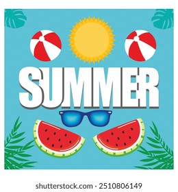 Summer text banner design with white title and colorful tropical beach elements on blue pattern background for summer. flat vector modern illustration 