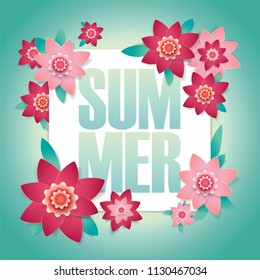 Summer text banner with paper cut frame on summer bright flowers background with paper blooming red and pink flowers for banner, flyer, poster or web site design. Paper cut style, vector illustration