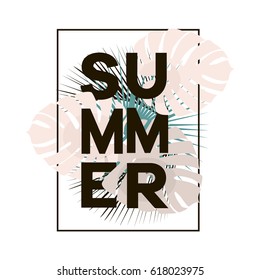 Summer text in black frame with tropical leaves on white background. Foliage lettering. Summer poster. Vector template For t-shirt, fashion, prints, sale banner