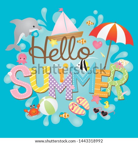 Summer text with cute sea animals on water splash background 