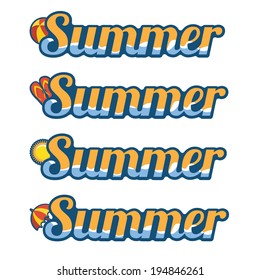 Summer text with flip flops, ball, umbrella and sun